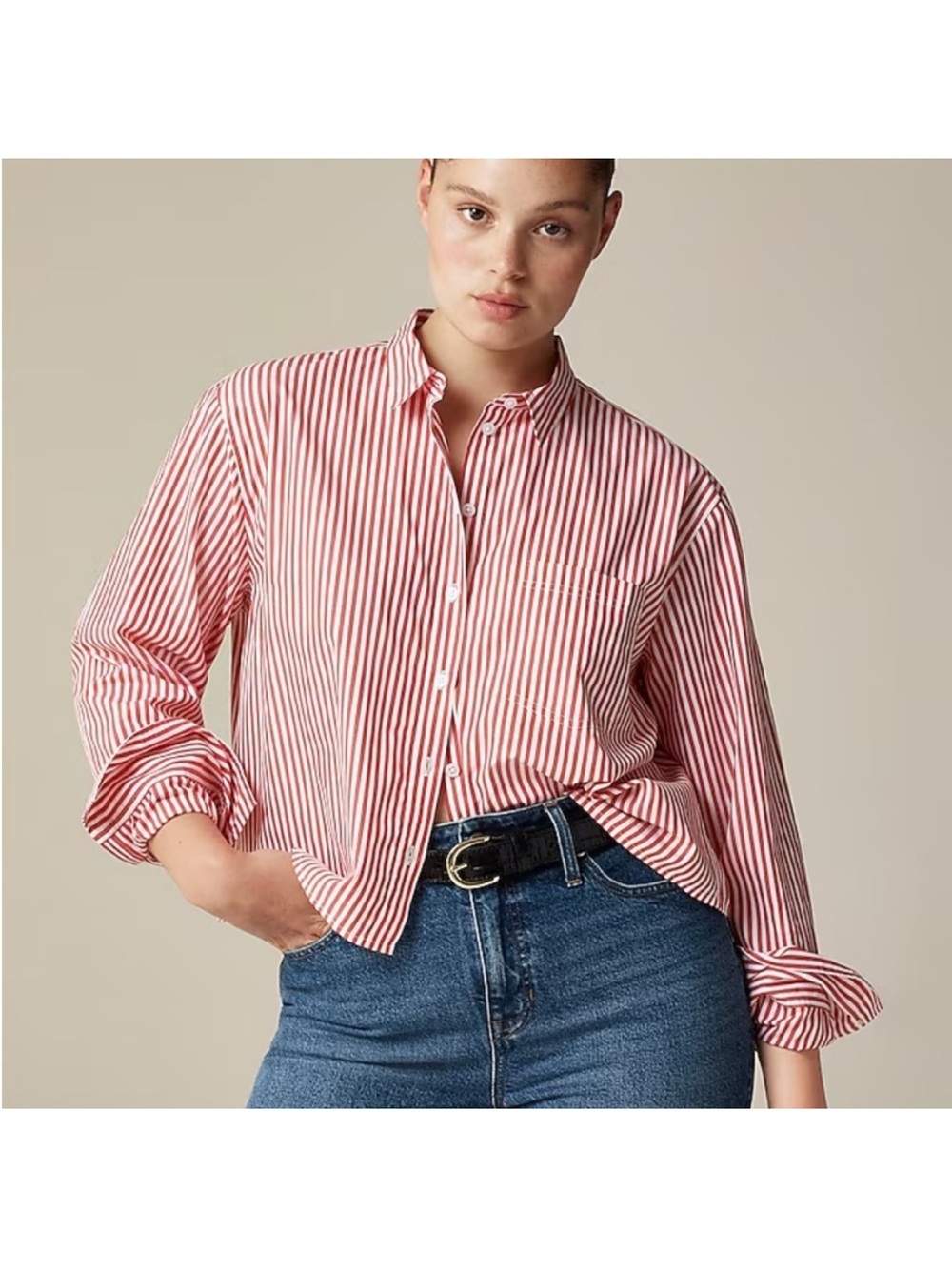 J. Crew Cropped Button-Up Shirt in Bartrum Stripe Red White size 18 NWT NEW